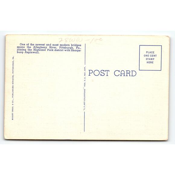 Vintage Linen Postcard Highland Park Bridge Pittsburgh PA Night View - Picture 2 of 2